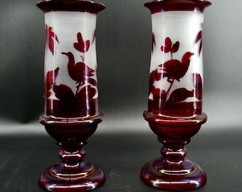 Vintage Ruby Red Bohemian Glass Vases – Etched Birds, 1960s Czech Satin Art Glass Pair