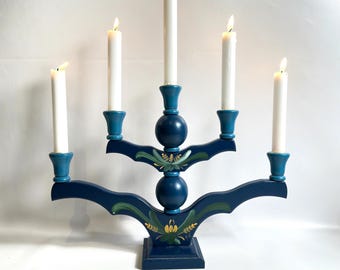 Swedish folk art wooden candelabra – hand-painted 5 arm candleholder