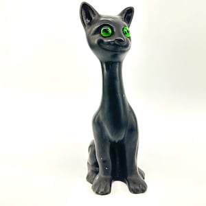 Antique Bretby Pottery Black Cat Figurine – Victorian Smiling Cat with Green Glass Eyes