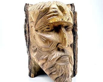 Hand-carved wooden face sculpture – rustic folk art wall decor, 6.7"