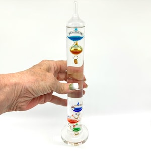 Vintage Galileo Thermometer – Mid-Century 28cm Tall Glass with Colored Baubles