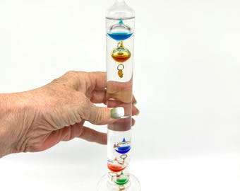 Vintage Galileo Thermometer – Mid-Century 28cm Tall Glass with Colored Baubles