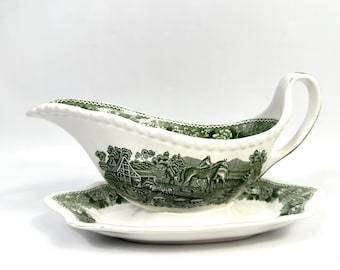 Vintage Adams Gravy Boat with Stand – Green Pastoral Transferware, England