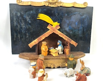 Nordic wood nativity set – hand-carved folk art figures with stable