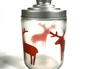 Glass Storage Jar with Red Reindeer Motif - Retro 50s Kitchen Decor Container