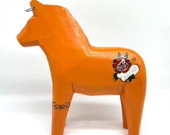 Vintage Orange Dala Horse: Hand-Carved Swedish Folk Art, 'Mamma' Tattoo