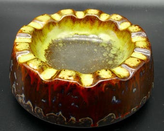 Strehla ceramic ashtray - 1960s east german fat lava pottery, yellow and brown