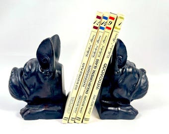 Dog bookends – black bulldog sculptures, vintage decorative pair