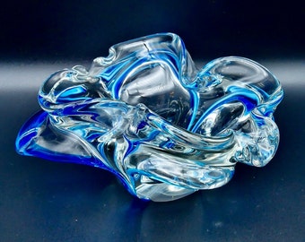 Mid century blue glass Bohemian bowl Vintage 1970s