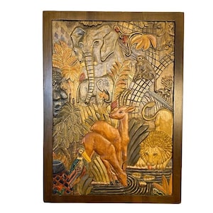 Vintage Hand Carved Wooden Jungle Wall Art, Swedish 1967