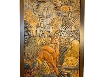Vintage Hand Carved Wooden Jungle Wall Art, Swedish 1967