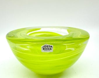 Vintage Kosta Boda Yellow 'Atoll' Ink Art Glass Bowl - Swirl Design with Label
