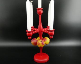 Vintage 1970s Swedish Bobbin Candlestick with Apple Decor – Mid-Century Red Lacquered Candelabra