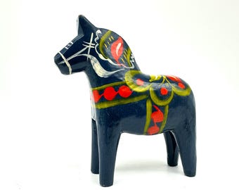 Vintage Nils Olsson Blue Dala Horse – Swedish Folk Art Wooden Figurine, Hand-Painted, 10 cm