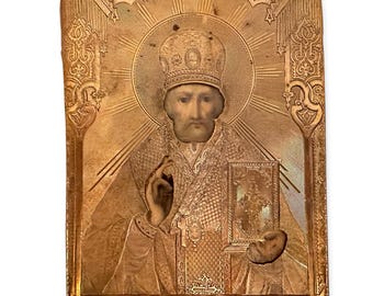 Antique Russian Saint Nicholas Icon, Orthodox Religious Art, Embossed Copper Riza