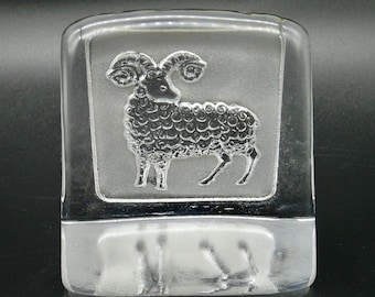 Vintage glass Aries Zodiac Paperweight - Horoscope Symbol - Hand-Etched Original Design - Zodiac Collection