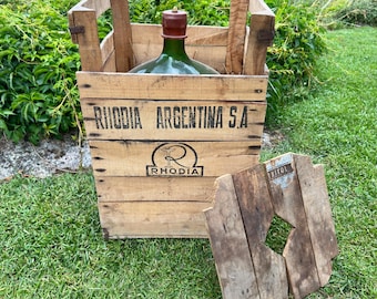 Vintage Rhodia Argentina Demijohn in Pine Crate: 1950s Green Glass Carboy