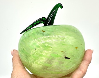 Vintage kosta boda art glass apple – hand blown green fruit sculpture with leaf, sweden