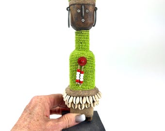 African Beaded Fertility Doll – Tribal Art Figure with Cowrie Shells, Beadwork & Wood