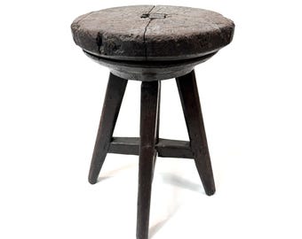 Wood Stool with Rotating Seat, Rustic Lodge & Cabin Decor