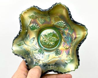 Antique Northwood Grape & Cable Carnival Glass Bowl: Iridescent Green Art Nouveau Dish