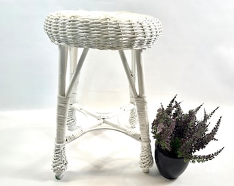 Vintage white rattan stool – 1970s boho wicker plant stand or seat, 50 cm