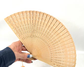 Vintage Wooden Hand Fan with Tassel – Carved Design, Original Box