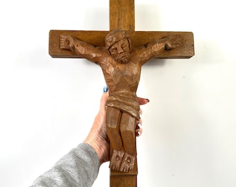 Vintage Hand-Carved Oak Crucifix: Brutalist Wood Jesus Cross, 40cm