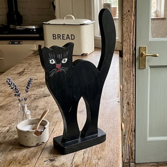 Black Cat Door Stop, Hand Painted Wooden Animal, Folk Art Swedish