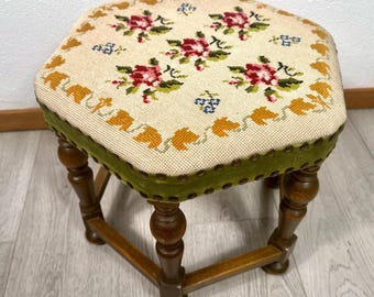 Vintage needlepoint upholstered wooden stool – floral embroidered seat