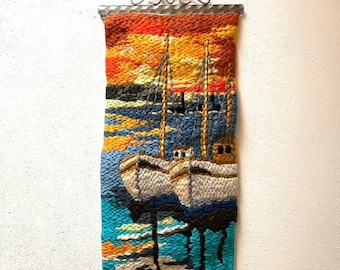 Scandinavian Wool Tapestry – Nautical 1970s Wall Hanging with Boats & Sunset Colors