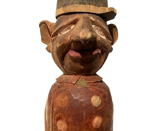 Rare 1930s French Policeman Bottle Stopper – Hand-Carved Wooden Gendarme Cork, Whimsical Folk Art Barware