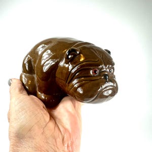 Vintage Ceramic Bulldog Figurine, Brown Glazed Dog Sculpture with Glass Eyes image 2
