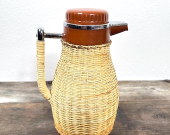 Vintage 1960s Swedish Thermos Coffee Pot with Rattan Detailing | Mid Century Modern Design