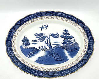 Vintage Booths Real Old Willow Platter: 1920s Staffordshire Blue & White with Gold