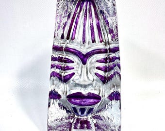 Purple glass face tribal sculpture – sea glasbruk, scandinavian modern