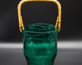Vintage Glass Ice Bucket | Mid-Century Barware with Bamboo Handle | Retro Cocktail Decor