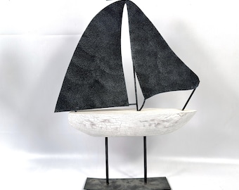 Sailboat sculpture – metal & wood Scandinavian design, 45cm