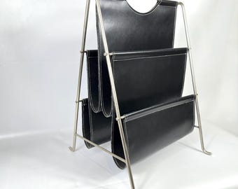 Vintage Bauhaus Magazine Rack – Mid-Century Black Leatherette with Chrome, 1960s Germany