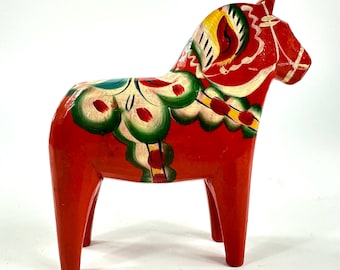 Wood Dala Horse – Swedish Vintage Hand Painted Folk Art Figurine, 15cm