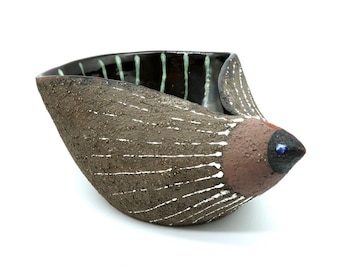 Vintage Swedish Pottery Bowl – Mid-Century Hedgehog Figurine by Nittsjö, THO Design, Signed