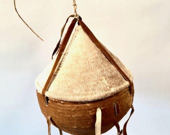 Tribal Hanging Basket – Woven and Animal Hide Container – Ethnographic Decor, African