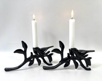 Sculptural black metal candle holders with bird design, vintage pair