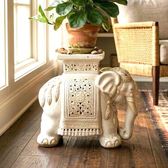 Elephant Plant Stand, Large Ceramic Garden Stool, White Pottery Side Table, Hollywood Regency Decor