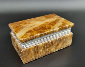 Italian Alabaster Trinket Box – 1960s Onyx Jewelry Box with Silver-Tone Trim