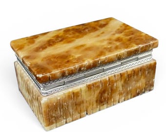 Alabaster Trinket Box – 1960s Jewelry Box with Silver-Tone Trim