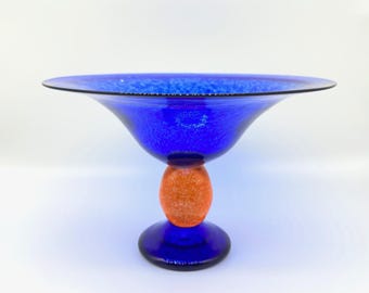 Mid-Century Bowl Art Glass Centerpiece – Blue with Orange Bubble Stem, Signed