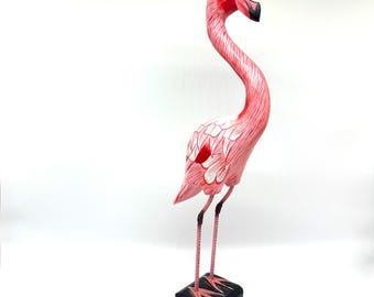 Hand-Carved Wooden Flamingo Bird Sculpture – 1980s Figurine
