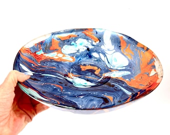 Scandinavian Art Glass Bowl – Large Centrepiece with Blue, Aqua & Orange Marbling, 30.5 cm