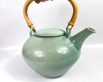 Scandinavian ceramic teapot – höganäs, celadon green glaze with bamboo handle